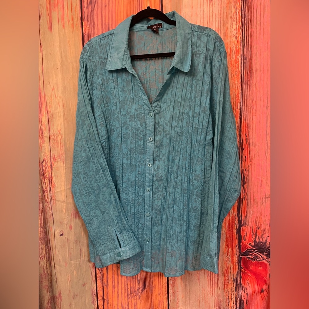 3X Erika Teal Button-Up Shirt with Subtle Floral Texture